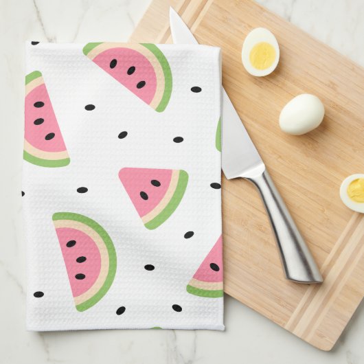 ピンクのスイカ、スイカの種子、夏のパターン キッチンタオル (四つ折り)