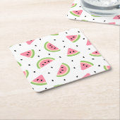 ピンクのスイカ、スイカの種子、夏のパターン スクエアペーパーコースター (アングル)