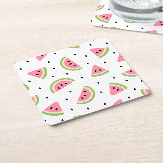 ピンクのスイカ、スイカの種子、夏のパターン スクエアペーパーコースター (アングル)