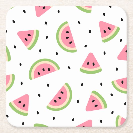 ピンクのスイカ、スイカの種子、夏のパターン スクエアペーパーコースター (正面)