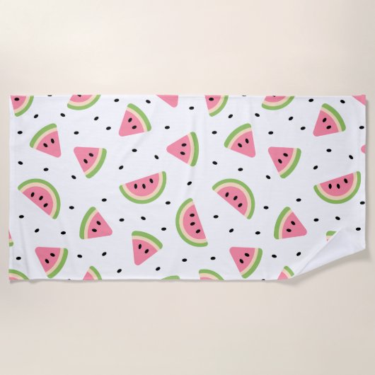 ピンクのスイカ、スイカの種子、夏のパターン ビーチタオル (正面)