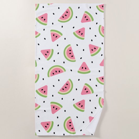 ピンクのスイカ、スイカの種子、夏のパターン ビーチタオル (正面)