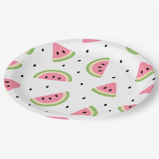 ピンクのスイカ、スイカの種子、夏のパターン ペーパープレート (アングル)