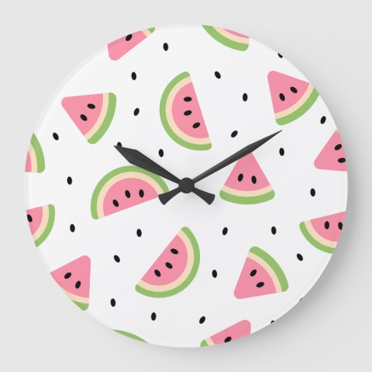ピンクのスイカ、スイカの種子、夏のパターン ラージ壁時計 (正面)