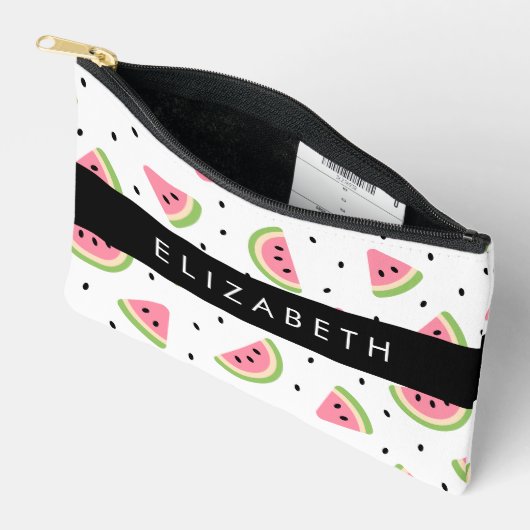 ピンクのスイカ、スイカの種、あなたの名前 アクセサリーポーチ (見開き)