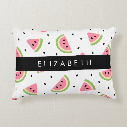 ピンクのスイカ、スイカの種、あなたの名前 アクセントクッション (正面)