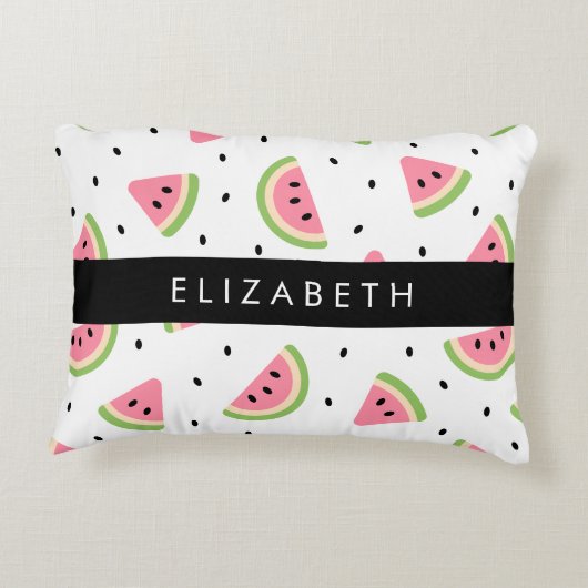 ピンクのスイカ、スイカの種、あなたの名前 アクセントクッション (裏面)