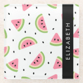 ピンクのスイカ、スイカの種、あなたの名前 ガラスコースター (正面)