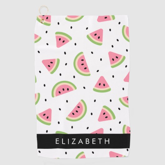ピンクのスイカ、スイカの種、あなたの名前 ゴルフタオル (正面)