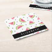 ピンクのスイカ、スイカの種、あなたの名前 スクエアペーパーコースター (アングル)