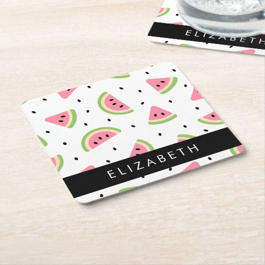 ピンクのスイカ、スイカの種、あなたの名前 スクエアペーパーコースター (アングル)