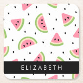 ピンクのスイカ、スイカの種、あなたの名前 スクエアペーパーコースター (正面)