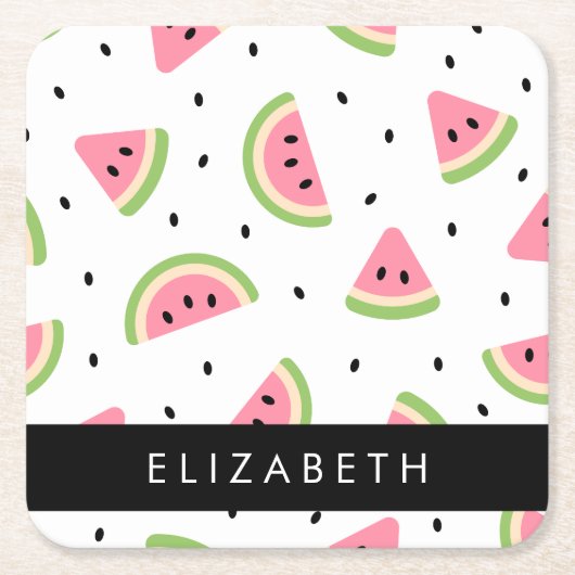 ピンクのスイカ、スイカの種、あなたの名前 スクエアペーパーコースター (正面)