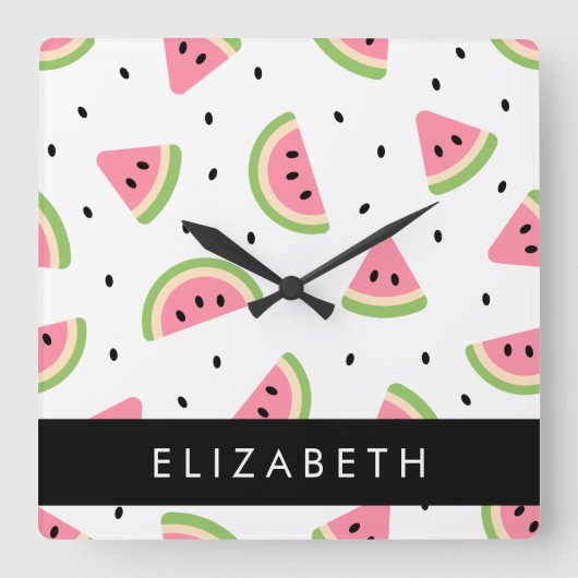ピンクのスイカ、スイカの種、あなたの名前 スクエア壁時計 (正面)