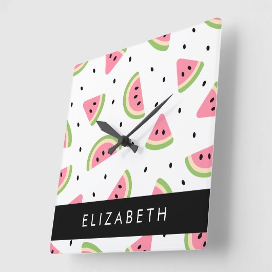 ピンクのスイカ、スイカの種、あなたの名前 スクエア壁時計 (傾斜)