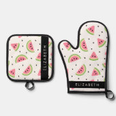 ピンクのスイカ、スイカの種、あなたの名前 鍋つかみ&鍋敷きセット (正面)