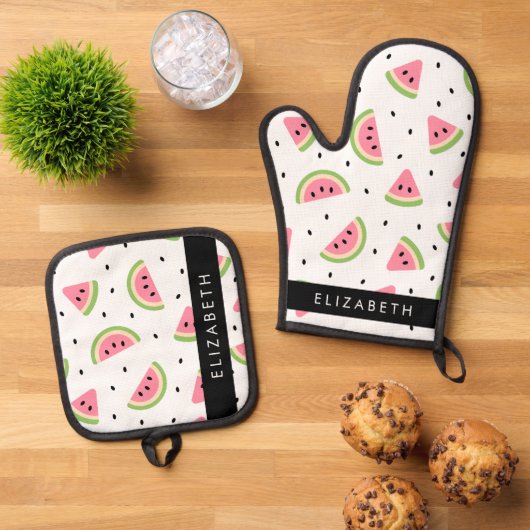 ピンクのスイカ、スイカの種、あなたの名前 鍋つかみ&鍋敷きセット (トップダウン)