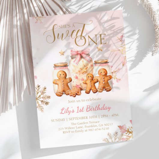ピンクのスイートジンジャーブレッドクリスマスガールバースデー 招待状