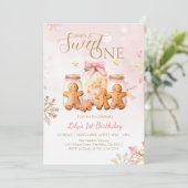 ピンクのスイートジンジャーブレッドクリスマスガールバースデー 招待状 (スタンド正面)