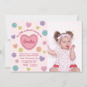 ピンクのスイートハート キャンディ バレンタイン 誕生日 フォト 招待状 (正面)