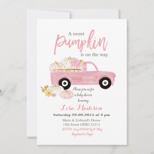 ピンクのスイートパンプキンがやってくる ベイビーシャワー 招待状 (正面)