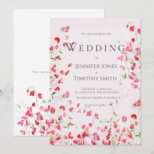 ピンクのスイートピー水彩2 ウェディング招待状 招待状 (正面/裏面)