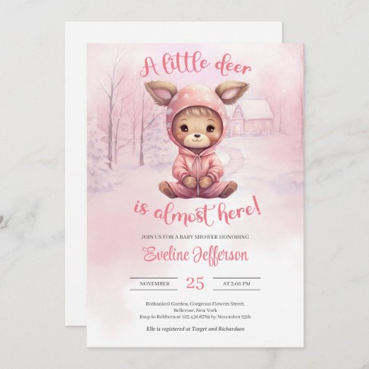 ピンクのスウェットシャツを着た小さな鹿が近くにいる 招待状 (正面/裏面)