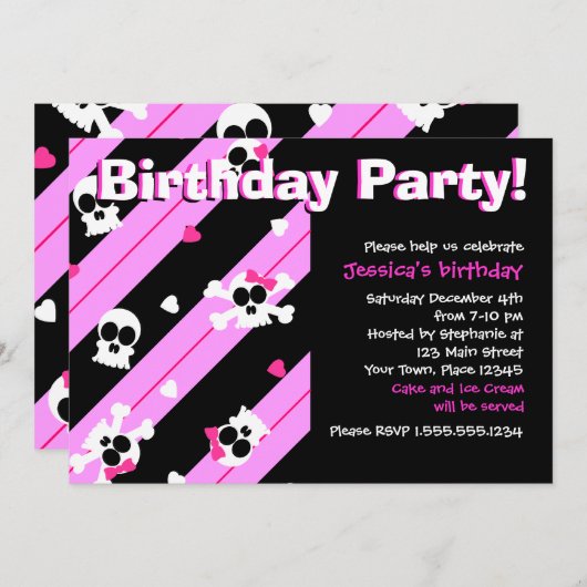 ピンクのスカルおよびハートの誕生会 招待状 (正面/裏面)