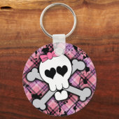 ピンクのスカルとクロスボーンとハートとボウ キーホルダー (正面)