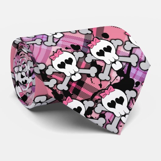 ピンクのスカルとクロスボーンとハートとボウ ネクタイ (ロール)