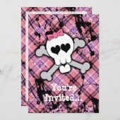 ピンクのスカルとクロスボーン、ハートとボウ 招待状 (正面/裏面)