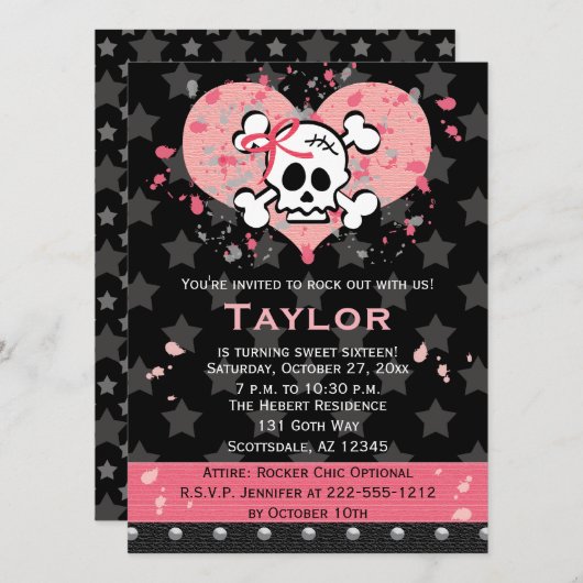 ピンクのスカルの誕生日の招待状 招待状 (正面/裏面)