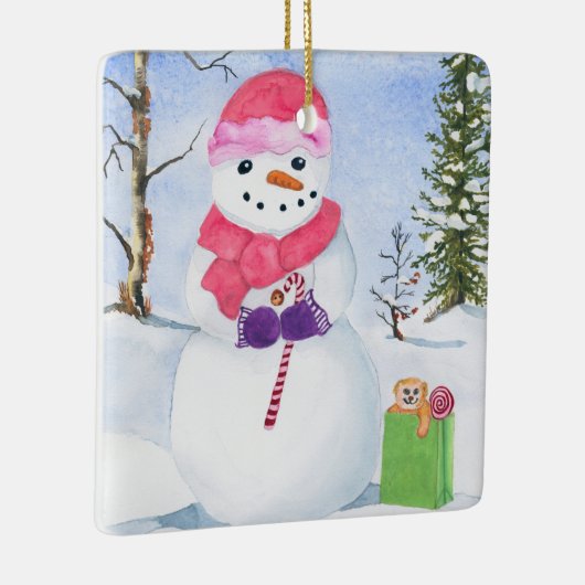 ピンクのスカーフとキャンディーケーンを備えた雪だるまオーナメント セラミックオーナメント (右)