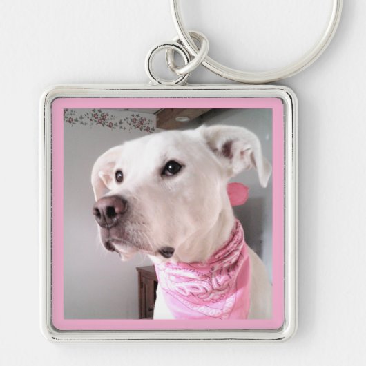 ピンクのスカーフを巻いたかわいい白い子犬の写真 キーホルダー (正面)
