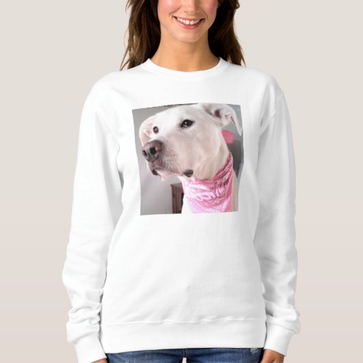 ピンクのスカーフを巻いたかわいい白い子犬の写真 スウェットシャツ (正面)