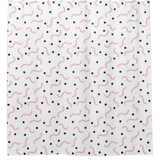 ピンクのスクイグルと黒い点 メンフィスパターン シャワーカーテン (正面)