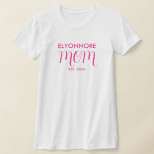 ピンクのスクリプトで設立されたママの白いカスタムネーム Tシャツ