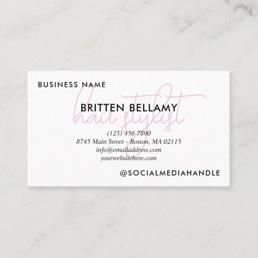 ピンクのスクリプトの職業に写真を追加 名刺 (正面)