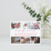 ピンクのスクリプトタイポグラフィへようこそ6フォトコラージュ 案内ポストカード (スタンド正面)