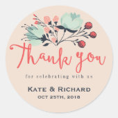 ピンクのスクリプトフォントありがとう花結婚のステッカー ラウンドシール (正面)