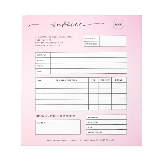 ピンクのスクリプト小規模企業の売上請求書受領書 ノートパッド (正面)