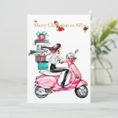 ピンクのスクーターに乗ったヴィンテージクリスマスの女性 シーズンカード (スタンド正面)