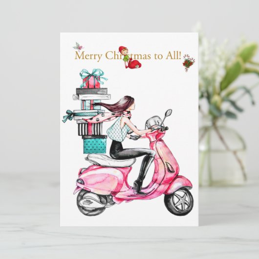 ピンクのスクーターに乗ったヴィンテージクリスマスの女性 シーズンカード (スタンド正面)