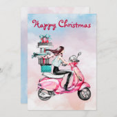 ピンクのスクーターに乗ったヴィンテージクリスマスの女性 シーズンカード (正面/裏面)