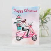 ピンクのスクーターに乗ったヴィンテージクリスマスの女性 シーズンカード (スタンド正面)