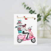 ピンクのスクーターに乗ったヴィンテージクリスマスの女性 ポストカード (スタンド正面)