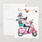ピンクのスクーターに乗ったヴィンテージクリスマスの女性 ポストカード (正面/裏面)