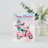 ピンクのスクーターに乗ったヴィンテージクリスマスの女性 ポストカード (スタンド正面)