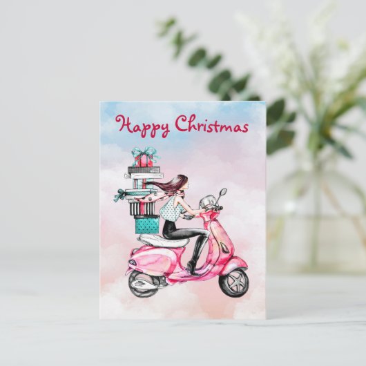 ピンクのスクーターに乗ったヴィンテージクリスマスの女性 ポストカード (スタンド正面)