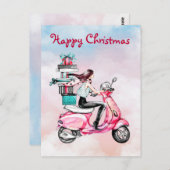 ピンクのスクーターに乗ったヴィンテージクリスマスの女性 ポストカード (正面/裏面)